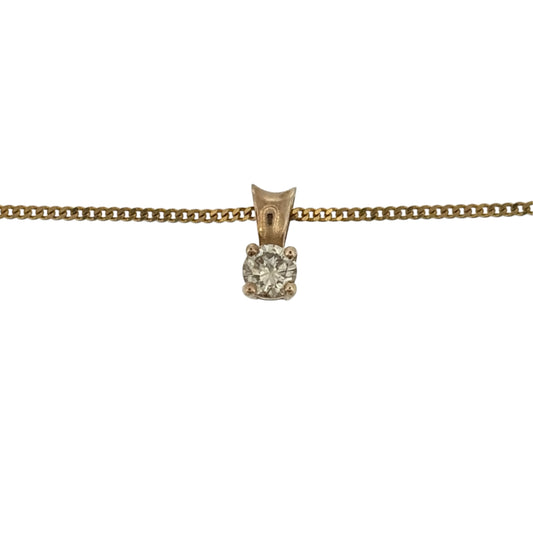 Add a timeless touch to your jewellery collection with this pre-owned 9ct yellow gold and diamond solitaire pendant necklace, featuring a beautiful brilliant cut diamond suspended from a delicate fine curb chain.

Design: The necklace features a classic solitaire pendant design, showcasing a single diamond in a simple and elegant yellow gold setting.
Material: Made from 9ct yellow gold, offering a classic warm gold finish that beautifully complements the diamond.