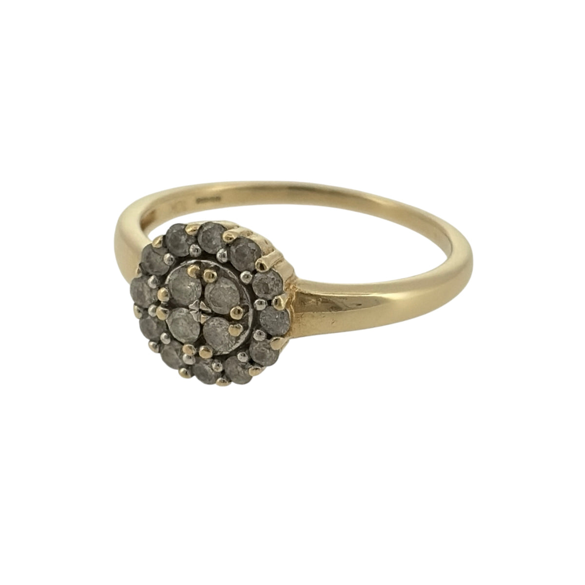 Add an elegant touch to your jewellery collection with this pre-owned 9ct yellow gold and diamond round cluster ring, featuring a beautiful circular diamond setting in a classic warm gold finish.

Design: The ring features a traditional round cluster design, with diamonds arranged together to create an attractive and timeless appearance.
Material: Made from 9ct yellow gold, offering a classic warm gold finish that beautifully complements the diamond setting.