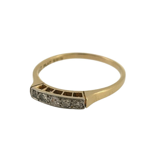 Add an elegant touch to your jewellery collection with this pre-owned 18ct yellow gold and platinum diamond band ring, featuring a classic five-diamond design complemented by a beautiful combination of precious metals.

Design: The ring features a traditional band design with five diamonds set across the front, creating an attractive and timeless appearance.
Material: Made from 18ct yellow gold and platinum, offering a beautiful contrast between the warm yellow gold and bright platinum finish.