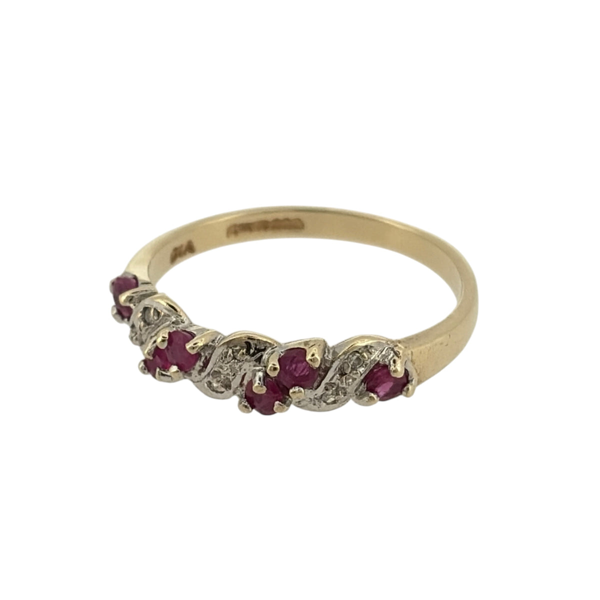 Add an elegant touch to your jewellery collection with this pre-owned 9ct yellow gold diamond and ruby band ring, featuring a beautiful two-row gemstone design in a classic warm gold finish.

Design: The ring features a decorative band design with two rows of diamonds and rubies across the front, creating an attractive and timeless appearance.
Material: Made from 9ct yellow gold, offering a traditional warm gold finish that beautifully complements the diamonds and rubies.