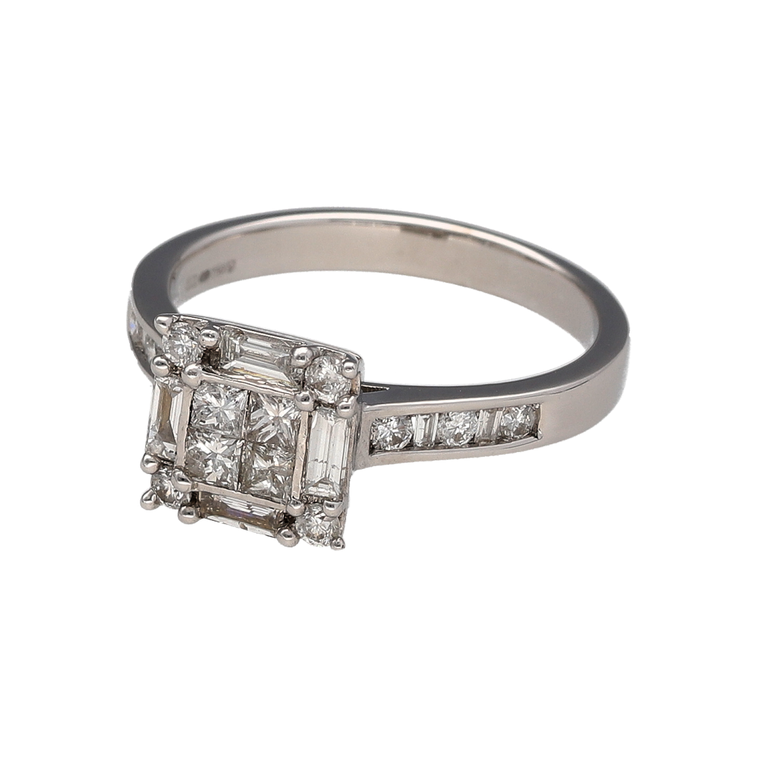 Make a dazzling statement with this pre-owned 18ct white gold diamond square cluster ring. Showcasing an impressive combination of baguette, brilliant-cut, and princess-cut diamonds, this beautifully crafted ring offers exceptional sparkle, depth, and sophistication.

Design: The ring features a striking square cluster head measuring approximately 8mm in height across the front.