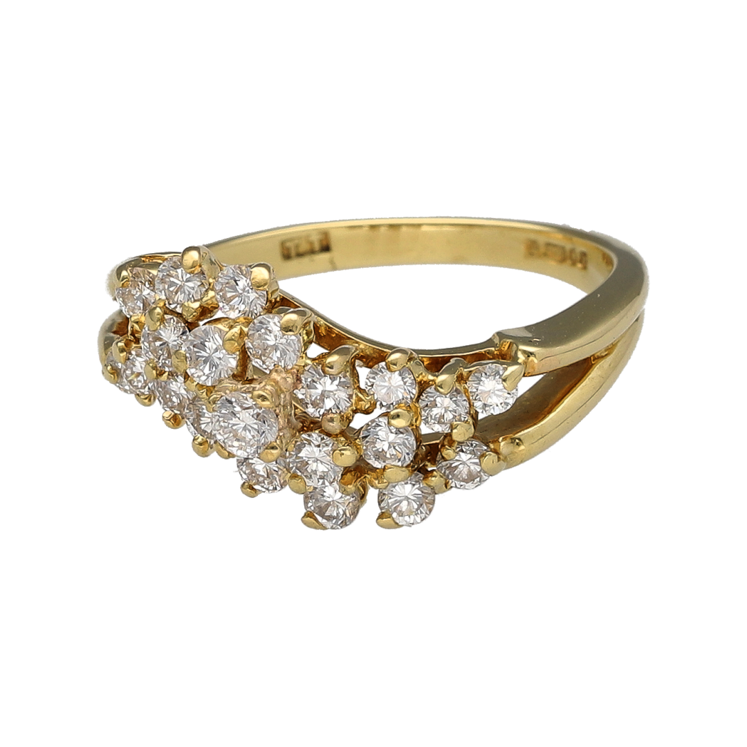 Luxurious and eye-catching, this pre-owned 18ct yellow gold diamond three row wave band ring combines contemporary styling with exceptional sparkle. Featuring flowing wave-like rows of brilliant cut diamonds, this elegant ring offers a striking presence and timeless sophistication.

Design: The ring showcases an attractive three row wave design, with flowing curves creating movement and dimension across the front of the band.