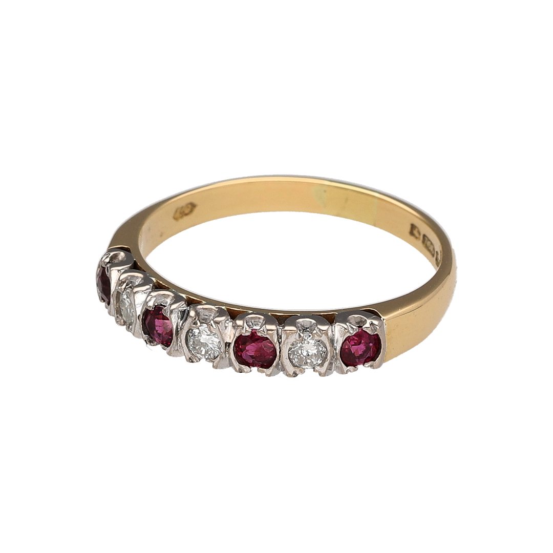 Elegant and timeless, this pre-owned 18ct yellow gold diamond and ruby band ring beautifully combines the rich red tones of natural rubies with the brilliance of sparkling diamonds. Its classic band design makes it a versatile piece, perfect for everyday wear, special occasions, or as a meaningful anniversary gift.

Design: The ring features a refined gemstone band design with vibrant round rubies alternating with sparkling diamonds across the front.