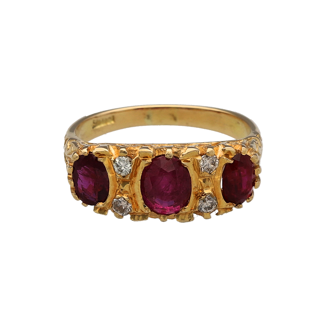 18ct Gold Diamond & Ruby Vintage Style Trilogy Ring