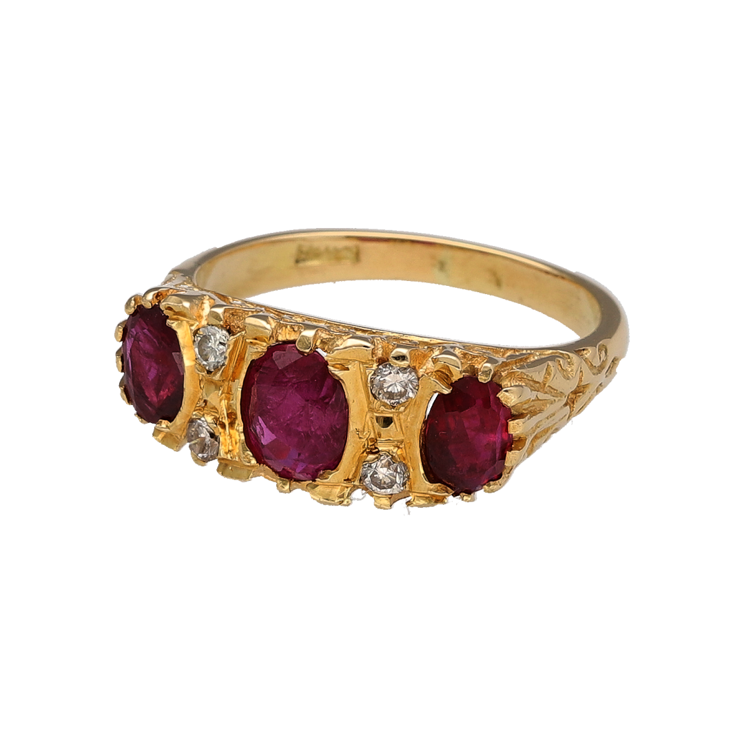 Beautifully crafted with vintage-inspired elegance, this pre-owned 18ct yellow gold diamond and ruby trilogy ring is a timeless statement piece. Featuring three rich oval rubies separated by sparkling diamonds, the classic trilogy design symbolises the past, present, and future, making it a meaningful choice for a special occasion or treasured everyday wear.

Design: The ring showcases a traditional vintage-style trilogy setting with a larger central oval ruby flanked by two matching oval rubies.