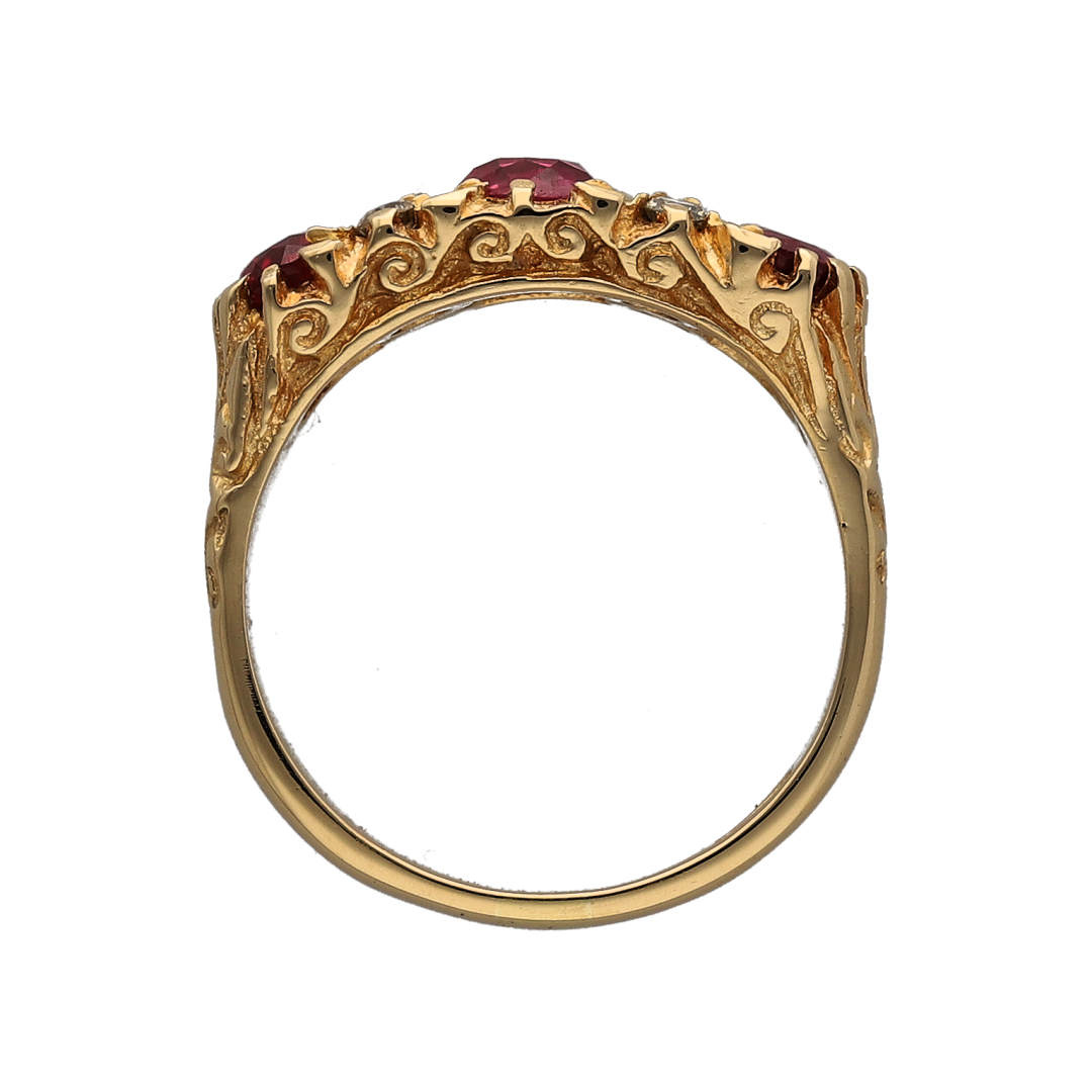 18ct Gold Diamond & Ruby Vintage Style Trilogy Ring