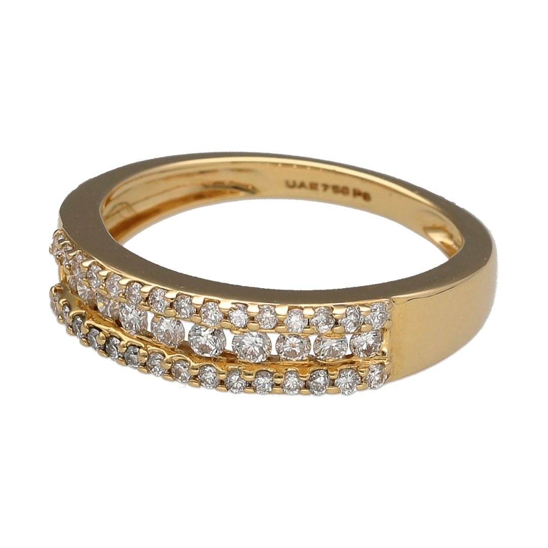 Add timeless sophistication to your jewellery collection with this pre-owned 18ct yellow gold diamond three-row band ring, featuring an elegant multi-row design with sparkling diamonds.

Design: The ring showcases a stylish three-row band design, with shimmering diamonds creating a refined and eye-catching display of brilliance. Measuring approximately 5mm wide across the front, the ring offers a balanced profile that is substantial enough to make a statement while remaining comfortable for everyday wear.