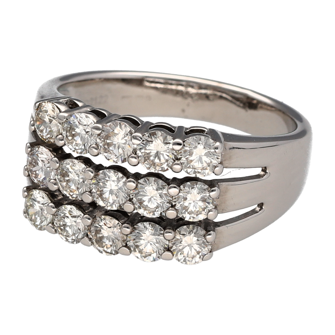 Make a striking statement with this pre-owned 18ct white gold diamond three-row wide band ring, featuring fifteen brilliant-cut diamonds in a bold and luxurious design.

Design: The ring showcases fifteen brilliant-cut diamonds arranged across three elegant rows, creating an impressive display of sparkle and sophistication.