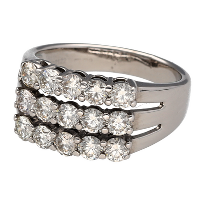 Make a striking statement with this pre-owned 18ct white gold diamond three-row wide band ring, featuring fifteen brilliant-cut diamonds in a bold and luxurious design.

Design: The ring showcases fifteen brilliant-cut diamonds arranged across three elegant rows, creating an impressive display of sparkle and sophistication.