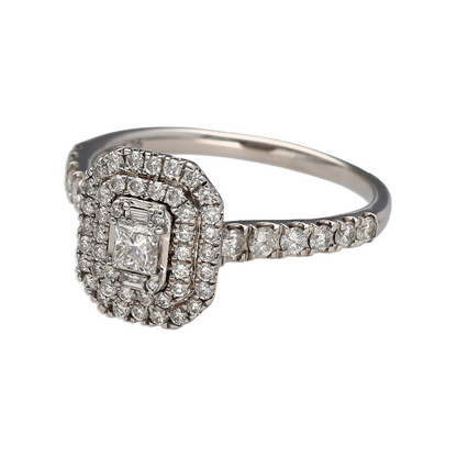 Add impressive sparkle and sophisticated elegance to your fine jewellery collection with this pre-owned 18ct white gold diamond halo cluster ring, featuring approximately 1.25ct of diamond content across a striking combination of brilliant, baguette and princess-cut diamonds.

Design: The ring showcases an eye-catching halo cluster design with an impressive arrangement of diamonds in contrasting shapes and cuts.