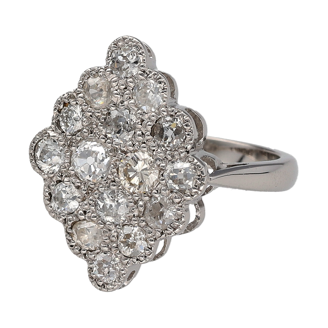 Add vintage-inspired elegance and impressive sparkle to your jewellery collection with this pre-owned platinum and diamond pavé set marquise-shaped ring, featuring a striking statement design set with sixteen brilliant cut diamonds.

Design: The ring showcases an eye-catching vintage-style marquise-shaped profile with a large decorative front, creating an elegant statement appearance enhanced by intricate pavé set diamond detailing.