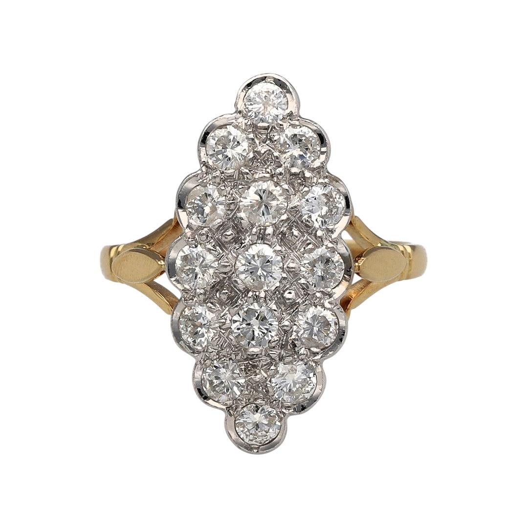 18ct Gold & Diamond Vintage Navette Marquise Cluster Ring
