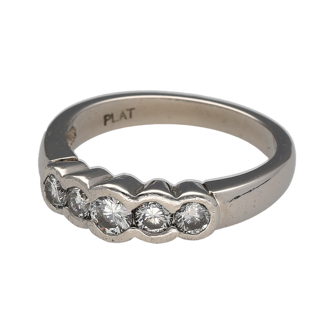 This pre-owned platinum and diamond five stone bubble band ring is a substantial design, featuring five diamonds individually set across the front.

Design: Featuring a five stone bubble-style setting, this ring has five diamonds arranged across the band for a distinctive contemporary look.
Material: Made from platinum.
Gemstone Detail: Five diamonds with approximately 1.09ct of diamond content set in total.
Ring Detail: Five stone bubble-style band design.
Size & Weight: Ring size O. Total weight 8 grams.