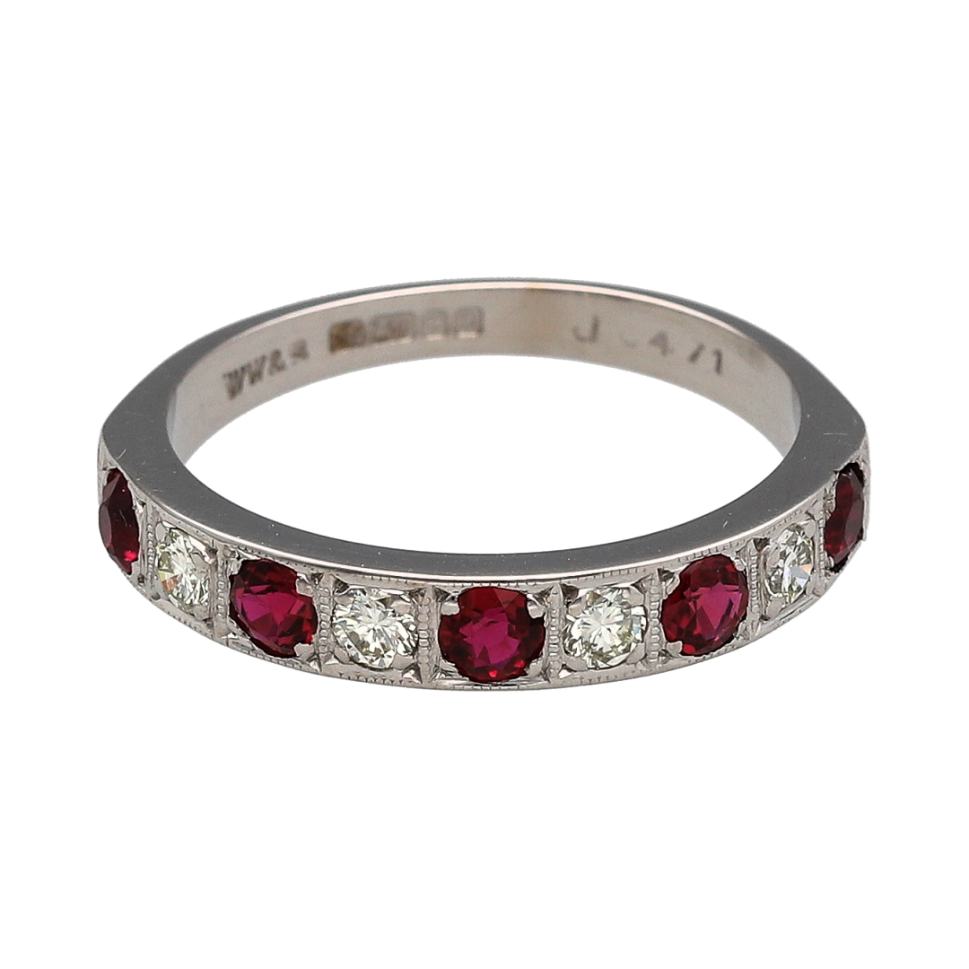 18ct White Gold Diamond & Ruby Band Ring