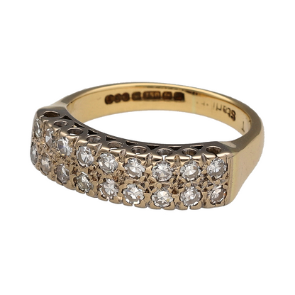 This pre-owned 18ct yellow gold diamond double row band ring is a classic design, featuring two rows of diamond detailing across the front.

Design: Featuring a double row design, this ring has diamond detailing set across the front of the band in warm 18ct yellow gold.
Material: Made from 18-carat yellow gold.
Gemstone Detail: Set with diamonds across the double row design.
Ring Detail: The front of the band measures approximately 5mm wide.
Size & Weight: Ring size N. Total weight 5.30 grams.