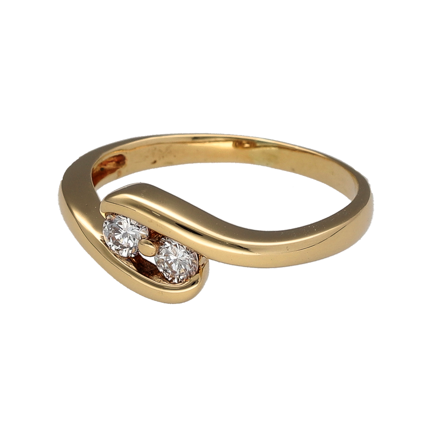 This pre-owned 18ct yellow gold double diamond wrap around ring is a distinctive design, featuring two diamonds within a curved wrap-around setting.

Design: Featuring a wrap-around design, this ring curves around the finger with a diamond set at each end for a distinctive open-style appearance.
Material: Made from 18-carat yellow gold.
Gemstone Detail: Set with two diamonds with approximately 0.20ct of diamond content in total.