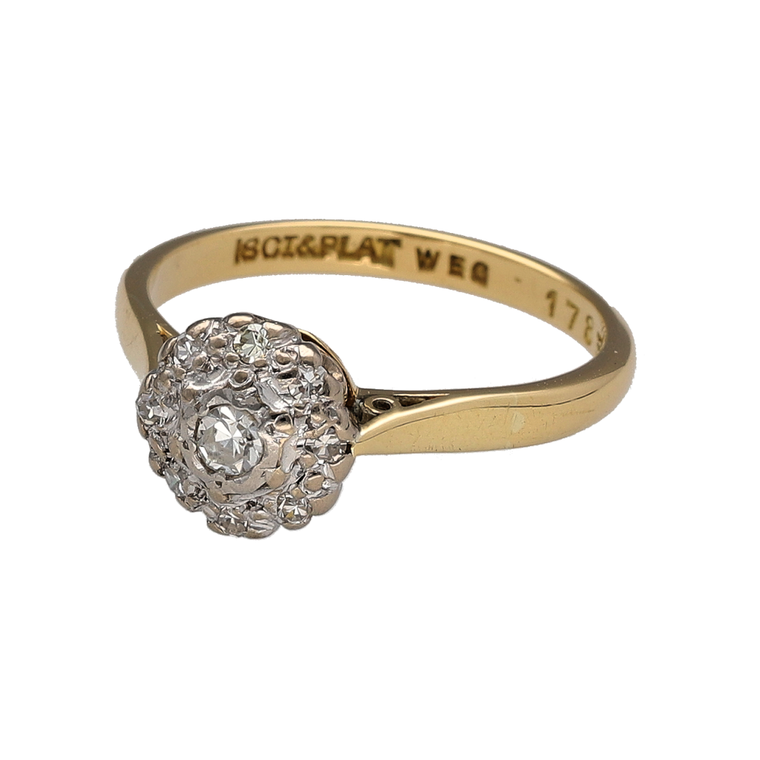This pre-owned 18ct yellow gold and platinum diamond cluster ring is a classic two-tone design, featuring multiple diamonds arranged together across the front.

Design: Featuring a traditional cluster design, this ring combines warm 18ct yellow gold with a contrasting platinum setting for a timeless two-tone appearance.
Material: Made from 18-carat yellow gold and platinum.
Gemstone Detail: Set with multiple diamonds within the cluster design.