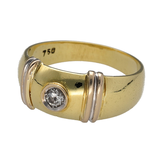 This pre-owned 18ct yellow and white gold diamond wide solitaire band ring is a bold two-tone design, featuring a single diamond as the centrepiece of the wide band.

Design: Featuring a wide solitaire-style band design, this ring combines warm yellow gold with contrasting white gold detailing for a distinctive two-tone appearance.
Material: Made from 18-carat yellow and white gold.
Gemstone Detail: Set with a single diamond as the centrepiece of the ring.