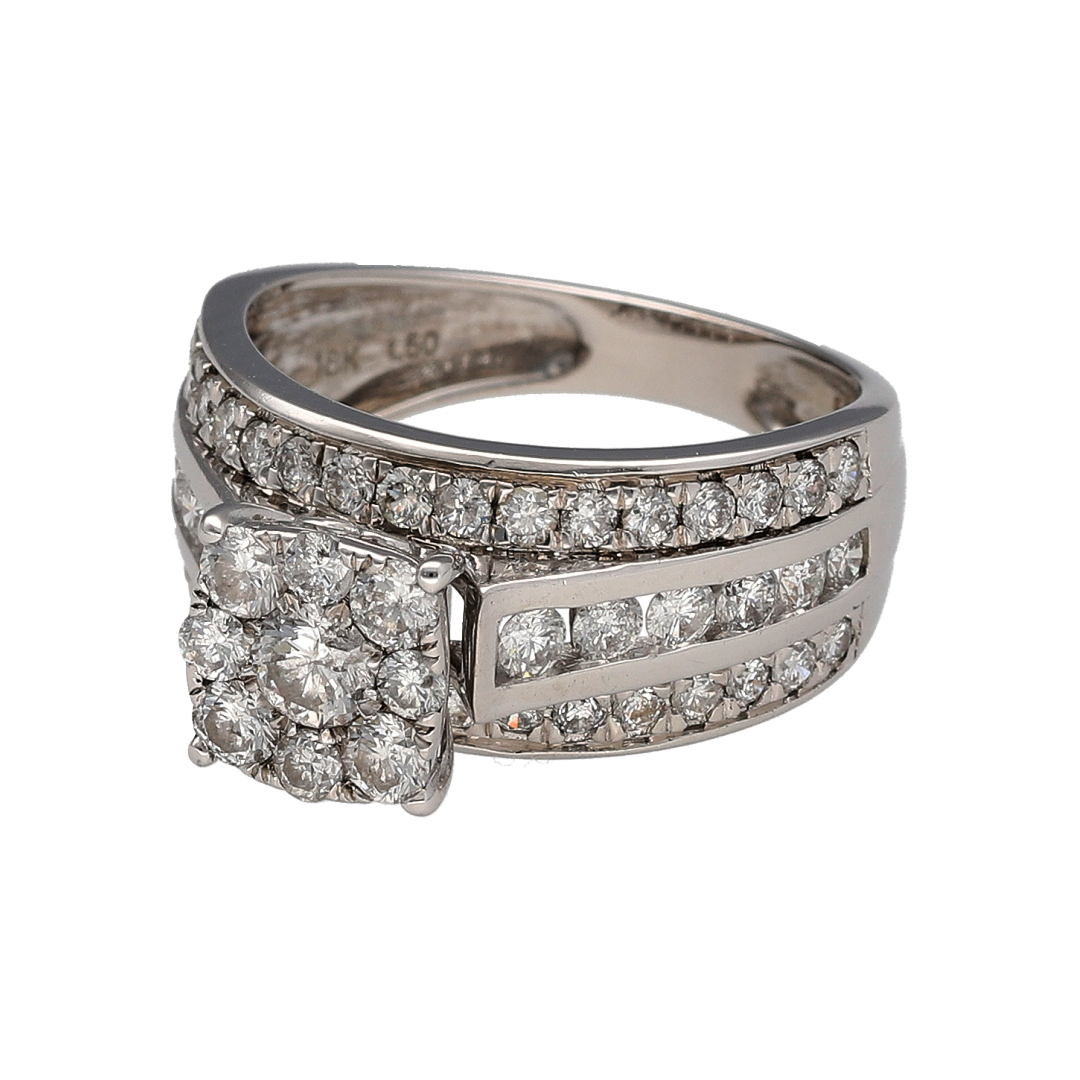 This pre-owned 18ct white gold diamond cluster ring is a substantial design, featuring three rows of brilliant cut diamonds set across the front of a wide band.

Design: Featuring a wide cluster-style design, this ring has three rows of brilliant cut diamonds set halfway around the band and is finished in polished 18ct white gold.
Material: Made from 18-carat white gold.
Gemstone Detail: Set with approximately 1.50ct total diamond content, made up of brilliant cut diamonds arranged across three rows.
