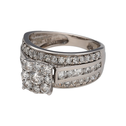This pre-owned 18ct white gold diamond cluster ring is a substantial design, featuring three rows of brilliant cut diamonds set across the front of a wide band.

Design: Featuring a wide cluster-style design, this ring has three rows of brilliant cut diamonds set halfway around the band and is finished in polished 18ct white gold.
Material: Made from 18-carat white gold.
Gemstone Detail: Set with approximately 1.50ct total diamond content, made up of brilliant cut diamonds arranged across three rows.