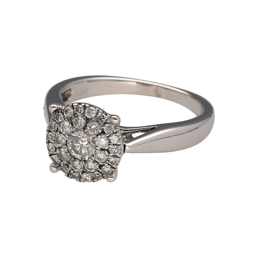 This pre-owned 18ct white gold diamond double halo cluster ring is a classic design, featuring multiple diamonds arranged within a layered halo setting.

Design: Featuring a double halo cluster design, this ring showcases multiple diamonds arranged across the centre and surrounding halos, finished in polished 18ct white gold.
Material: Made from 18-carat white gold.
Gemstone Detail: Set with approximately 0.50ct total diamond content across the cluster design.