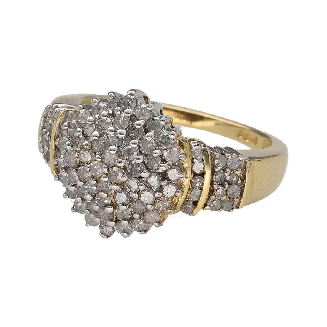 Make a statement with this pre-owned 9ct yellow gold diamond cluster ring, featuring an impressive arrangement of diamonds with approximately 1.00ct of total diamond content.

Design: The ring features a striking cluster design, with multiple diamonds arranged across the front to create a prominent and eye-catching display.
Material: Made from 9-carat yellow gold, the warm gold tone provides a classic contrast against the diamonds and gives the ring a timeless appearance.