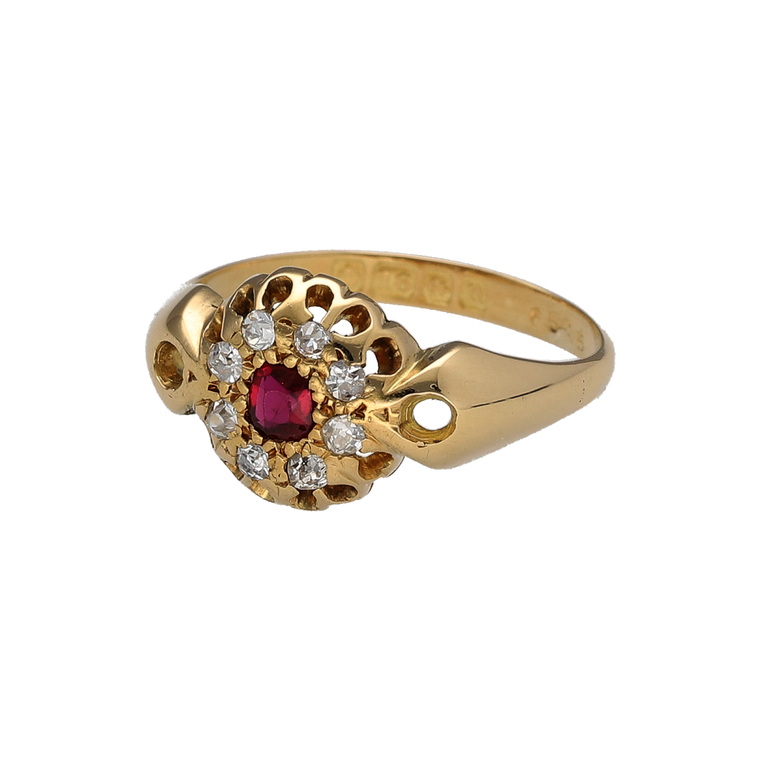 Add rich colour and classic gemstone styling to your jewellery collection with this pre-owned 18ct yellow gold diamond and ruby cluster ring, featuring a vibrant central ruby surrounded by diamonds in a timeless design.

Design: The ring features a classic cluster arrangement with a round ruby at the centre, framed by diamonds to create an elegant and eye-catching focal point.