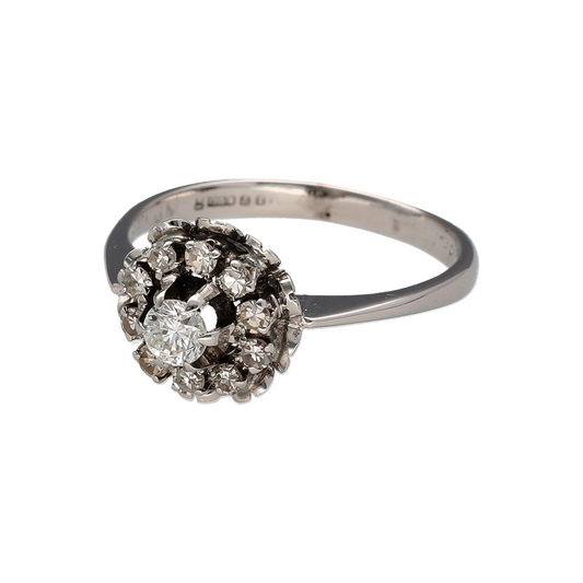 Add classic diamond elegance to your jewellery collection with this pre-owned 18ct white gold diamond cluster ring, featuring a distinctive cluster setting with a 10mm front.

Design: The ring features a classic cluster design, with multiple diamonds grouped together to create an eye-catching focal point across the front.
Material: Made from 18-carat white gold, the bright white finish complements the diamonds and gives the ring a timeless appearance.