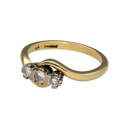 Add classic diamond detail to your jewellery collection with this pre-owned 18ct yellow gold diamond trilogy twist ring, featuring approximately 0.25ct of diamonds in total.

Design: The ring features a trilogy design with a flowing twist-style setting, creating an elegant and distinctive three-stone appearance.
Material: Made from 18-carat yellow gold, the warm gold tone provides a timeless setting for the diamonds.