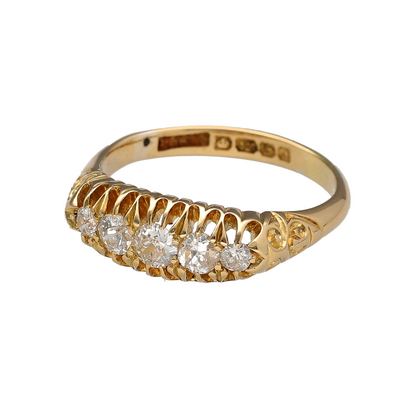 Add a piece of antique-inspired history to your jewellery collection with this pre-owned 18ct yellow gold five-stone diamond ring, featuring a traditional boat-style setting and dating to approximately the early 1900s.

Design: The ring features a classic five-stone boat-style design, with five diamonds arranged across the shaped front for a distinctive period appearance.