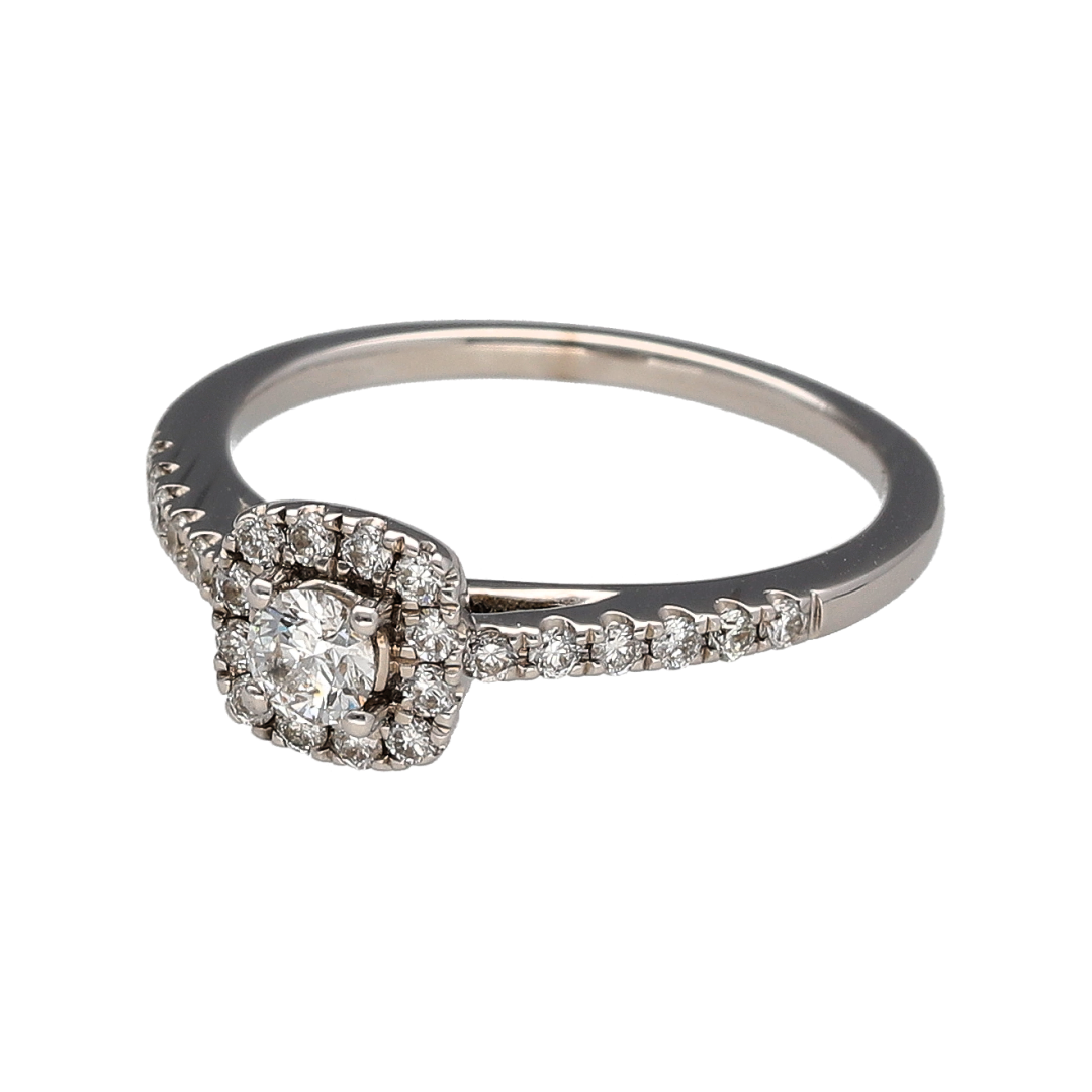 Add classic diamond elegance to your jewellery collection with this pre-owned 18ct white gold cushion square-style cluster ring, featuring approximately 0.38ct of diamonds in total.

Design: The ring features a cushion square-style cluster design, with a central brilliant-cut diamond surrounded by a halo of smaller diamonds and further diamond detailing along the shoulders.
Material: Made from 18-carat white gold, the bright white finish complements the diamonds and gives the ring a timeless appearance.