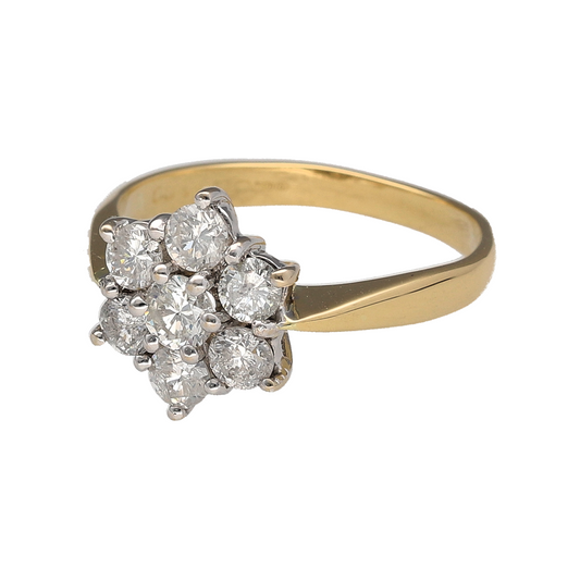 Add a statement diamond piece to your jewellery collection with this pre-owned 18ct yellow gold flower cluster ring, featuring approximately 1ct of diamond content in total.

Design: The ring features a classic flower-shaped cluster design, with the diamonds arranged to create a bold floral focal point on the finger.
Material: Made from 18-carat yellow gold, the warm gold tone provides a timeless setting for the diamond cluster.