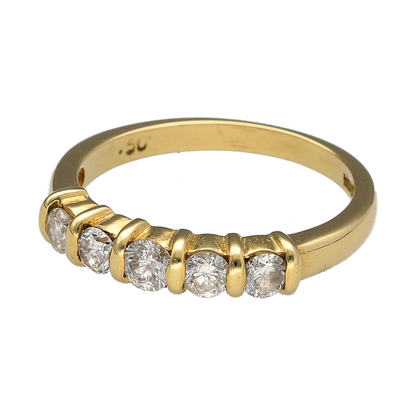 Add a timeless piece to your jewellery collection with this pre-owned 18ct yellow gold and diamond five stone band ring, featuring approximately 0.50ct of diamonds set across the front.

Design: The ring features a classic five stone design, with five diamonds arranged across the front of the yellow gold band, creating an elegant and traditional appearance.
Material: Made from 18ct yellow gold, offering a warm gold finish that complements the diamonds.