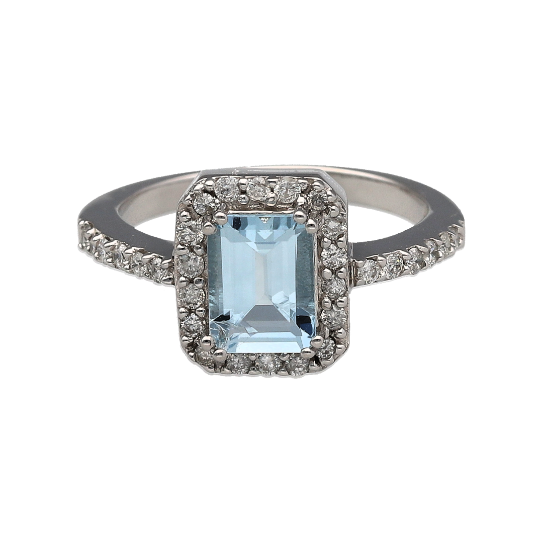 14ct White Gold Diamond & Aquamarine Ring