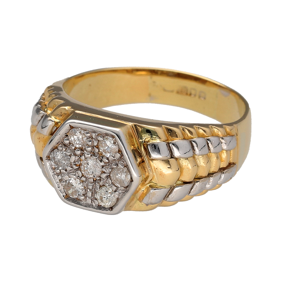 Make a statement with this pre-owned 18ct yellow and white gold diamond cluster ring, featuring a distinctive hexagon-shaped design, watch-style shoulders and seven brilliant cut diamonds.

Design: The ring features a hexagon-shaped diamond cluster with decorative watch-style shoulders, creating a bold and unusual appearance.
Material: Made from 18ct yellow and white gold, offering a contrasting two-tone finish.