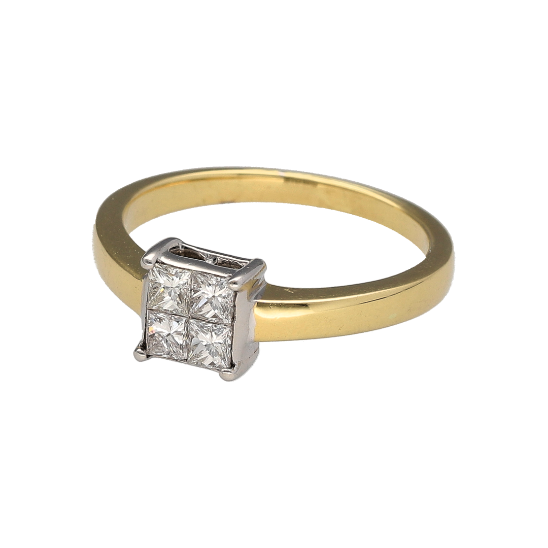 Add an elegant piece to your jewellery collection with this pre-owned 18ct yellow gold and diamond illusion set solitaire ring, featuring four princess cut diamonds arranged to create the appearance of one larger stone.

Design: The ring features a classic solitaire-style design, with four princess cut diamonds set closely together to give the illusion of a larger single diamond.
Material: Made from 18ct yellow gold, offering a traditional warm gold finish.