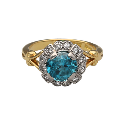 18ct Gold & Platinum Diamond & Blue Zircon Cluster Ring