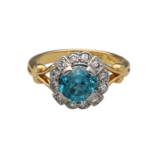 18ct Gold & Platinum Diamond & Blue Zircon Cluster Ring