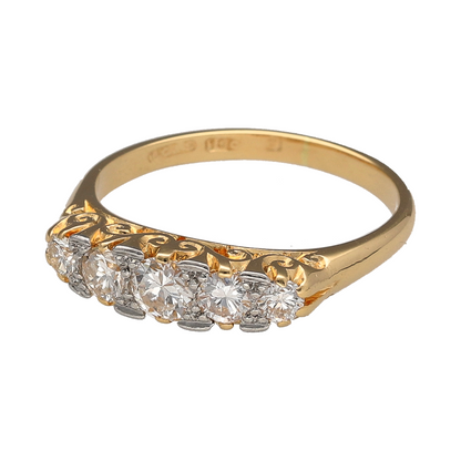 Add a timeless piece to your jewellery collection with this pre-owned 18ct yellow gold and diamond five stone vintage style band ring, featuring five beautiful diamonds in a traditional design.

Design: The ring features a classic vintage-inspired five stone design, with diamonds arranged across the front of the band for an elegant and timeless appearance.
Material: Made from 18ct yellow gold, offering a traditional warm gold finish.