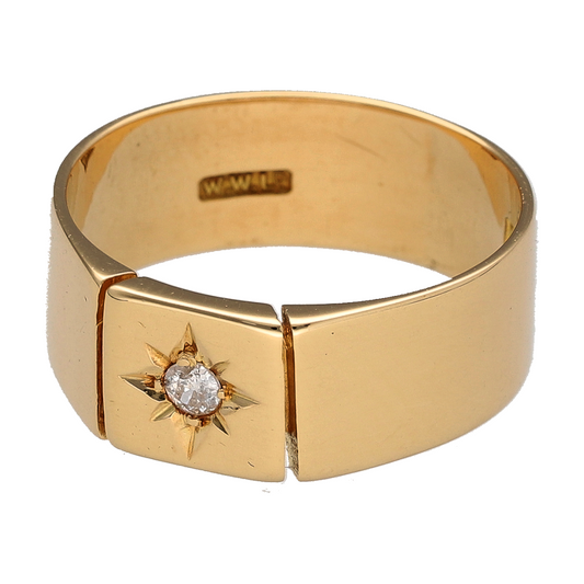 Add a classic touch to your jewellery collection with this pre-owned 18ct yellow gold and diamond signet ring, featuring a traditional design with a starburst-set diamond for an elegant and distinctive appearance.

Design: The ring features a classic signet style, combining the rich yellow tone of 18ct gold with a decorative starburst diamond setting for a timeless finish.
Material: Made from 18ct yellow gold, offering a beautiful warm gold finish that complements the diamond.