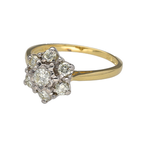 Preowned 18ct Yellow and White Gold & Diamond Set Flower Cluster Ring in size J with the weight 2.90 grams. The front of the ring is 11mm high and there is approximately 47pt of diamond content set in total. The diamonds are approximate clarity Si2 and colour K - M