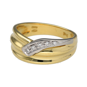 Preowned 18ct Yellow and White Gold & Diamond Set Slight Wishbone Wide Band Ring in size N with the weight 4.80 grams. The front of the band is approximately 8mm wide