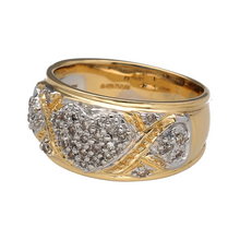 Load image into Gallery viewer, Preowned 18ct Yellow and White Gold &amp; Diamond Set Wide Heart Band Ring in size L with the weight 6.50 grams. The front of the ring is 10mm high and there is approximately 25pt of diamond content in total
