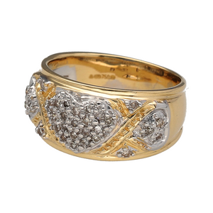 Preowned 18ct Yellow and White Gold & Diamond Set Wide Heart Band Ring in size L with the weight 6.50 grams. The front of the ring is 10mm high and there is approximately 25pt of diamond content in total
