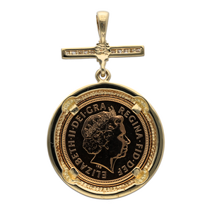 Preowned 9ct Yellow Gold & Diamond Set Half Sovereign Mount with a 22ct Half Sovereign with the date 2008. The pendant weight is 9 grams in total