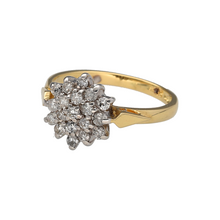 Load image into Gallery viewer, Preowned 18ct Yellow and White Gold &amp; Diamond Set Cluster Ring in size L with the weight 3.30 grams. There is approximately 50pt of diamond content set in total. The front of the ring is 11mm high
