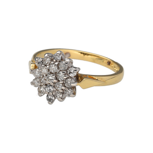Preowned 18ct Yellow and White Gold & Diamond Set Cluster Ring in size L with the weight 3.30 grams. There is approximately 50pt of diamond content set in total. The front of the ring is 11mm high