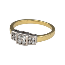 Load image into Gallery viewer, Preowned 18ct Yellow and White Gold &amp; Diamond Set Trilogy Cluster Ring in size M with the weight 4.20 grams. The front of the ring is 6mm high and there is approximately 25pt of diamond content set in total
