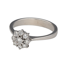 Load image into Gallery viewer, Preowned 18ct White Gold &amp; Diamond Set Flower Cluster Ring in size O with the weight 4.10 grams. There is approximately 34pt of diamond content set in total with approximate clarity Si and colour J - K. The front of the ring is 10mm high
