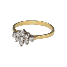 Load image into Gallery viewer, Preowned 18ct Yellow and White Gold &amp; Diamond Set Cluster Ring in size O with the weight 3 grams. The front of the ring is 8mm high and there is approximately 22pt of diamond content in total
